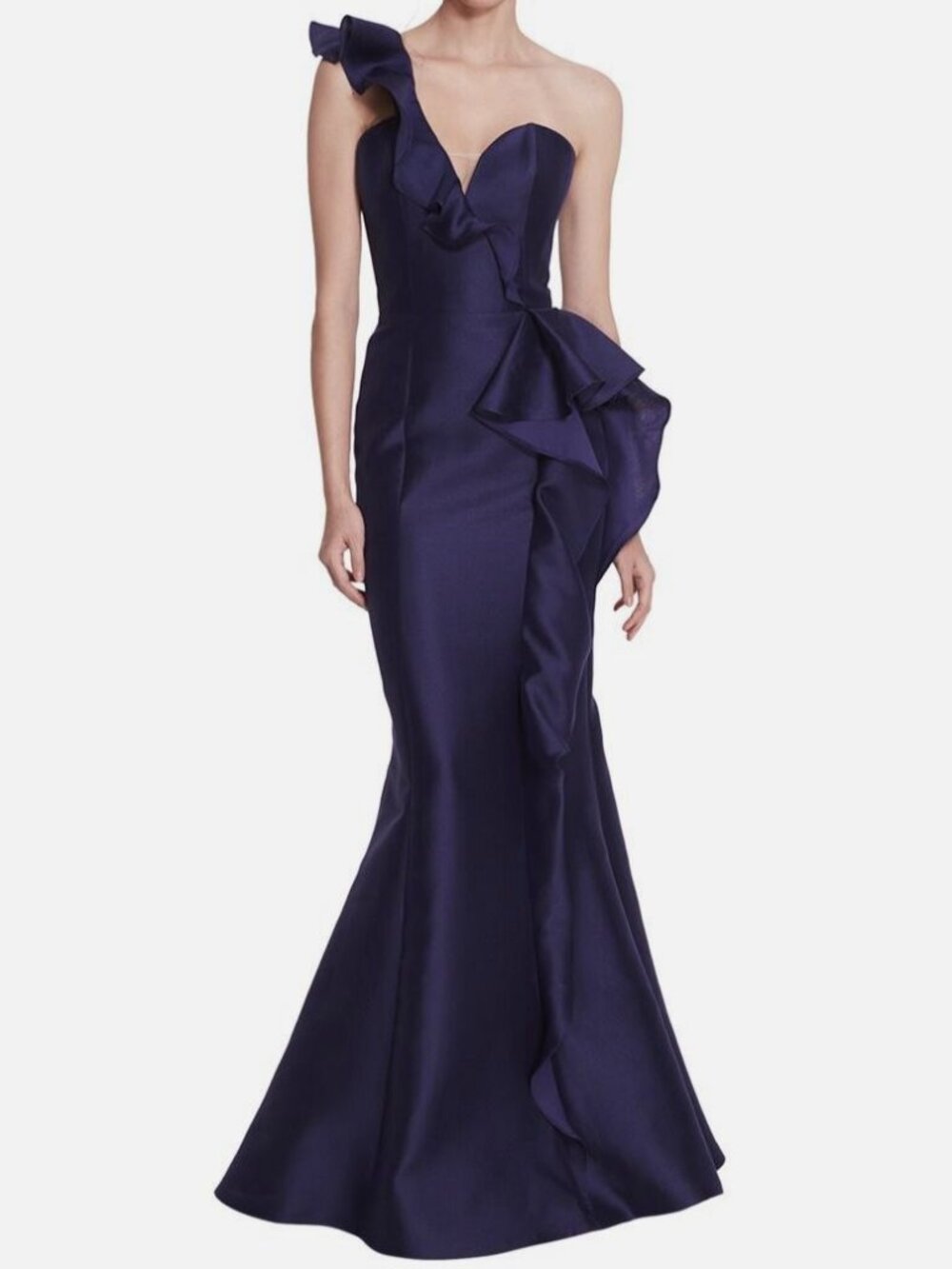 Marchesa Notte Women's Blue Silk Mikado One Shoulder Gown Dress Size 10